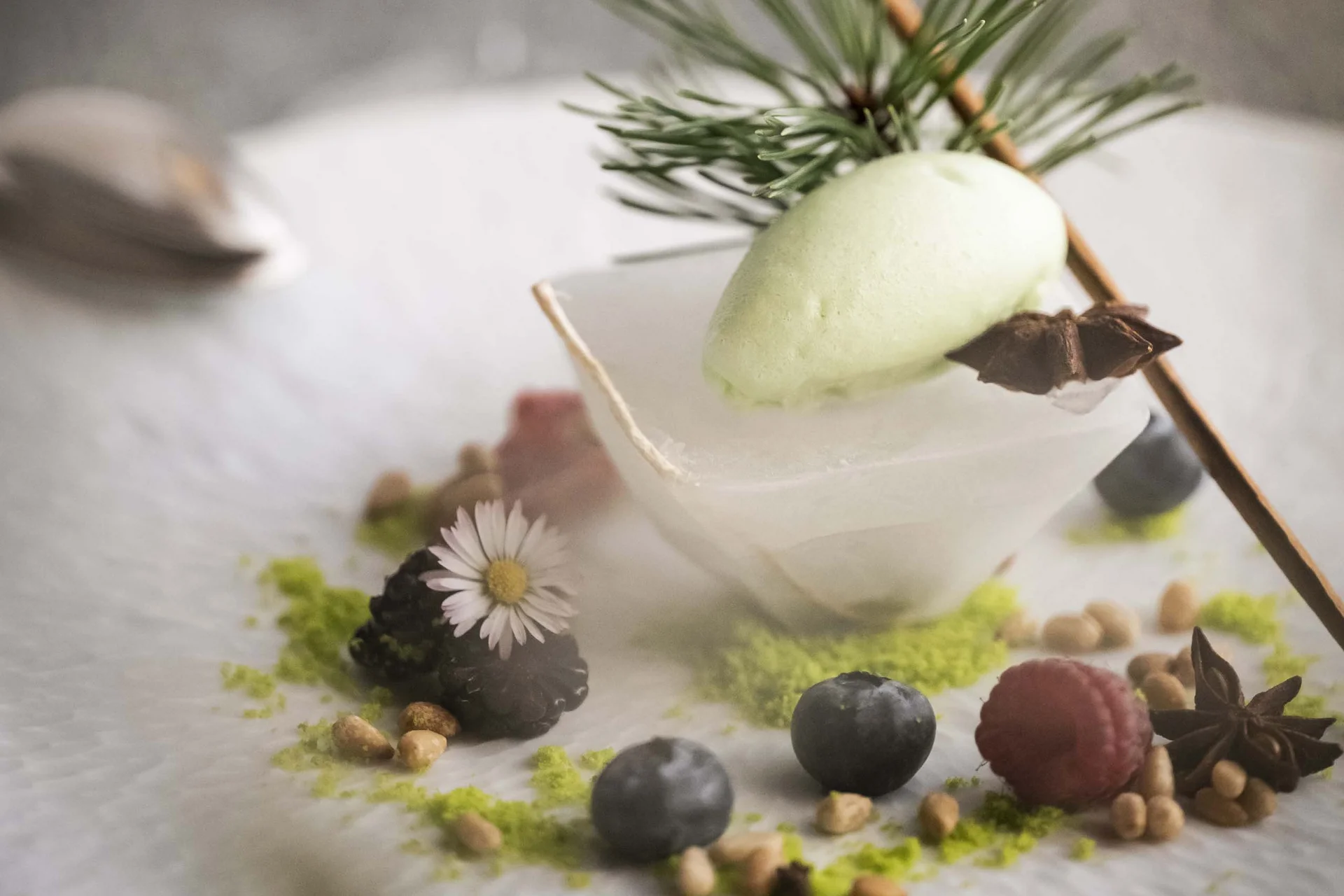 Café the bosco®: a place of delights and encounters Elegant dessert with berries, ice cream, and spices on white plate