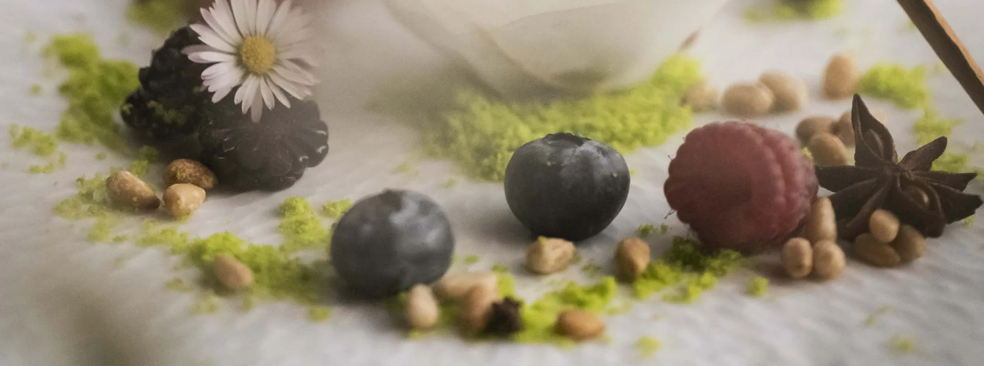 Café the bosco®: a place of delights and encounters Elegant dessert with berries, ice cream, and spices on white plate