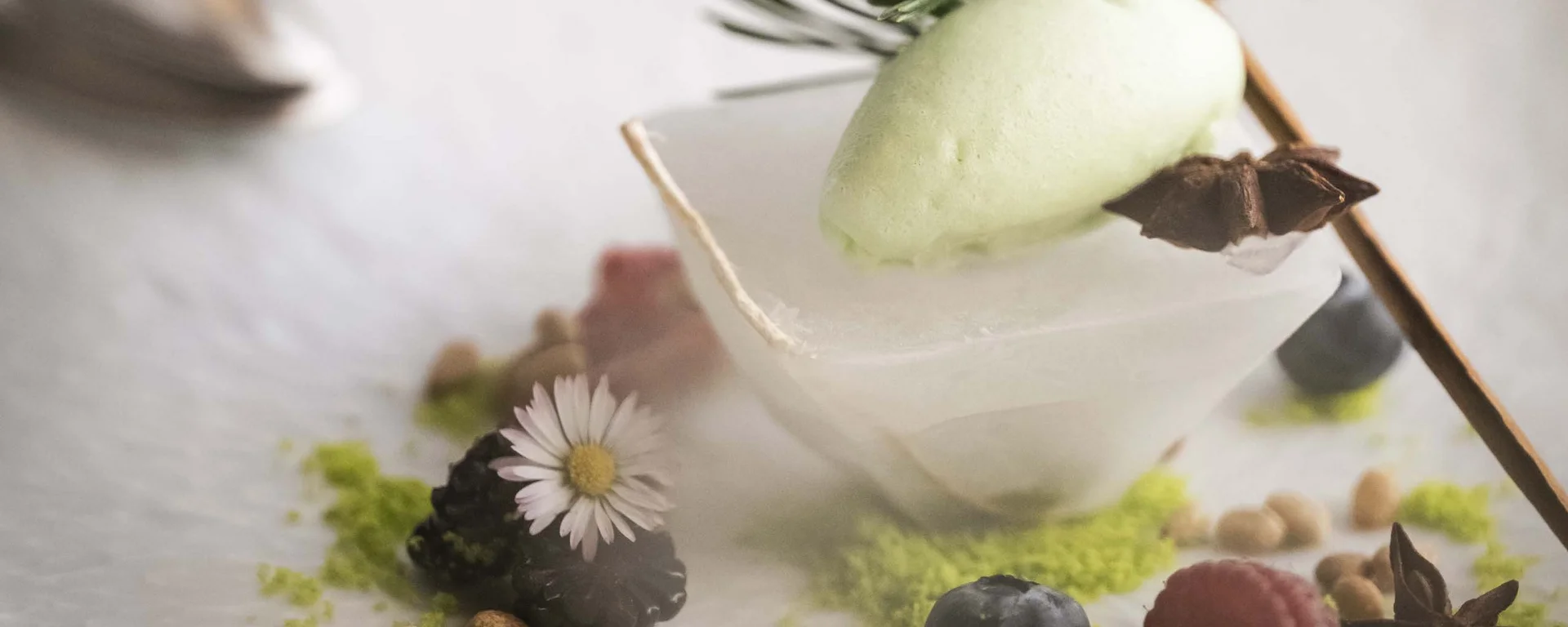 Café the bosco®: a place of delights and encounters Elegant dessert with berries, ice cream, and spices on white plate