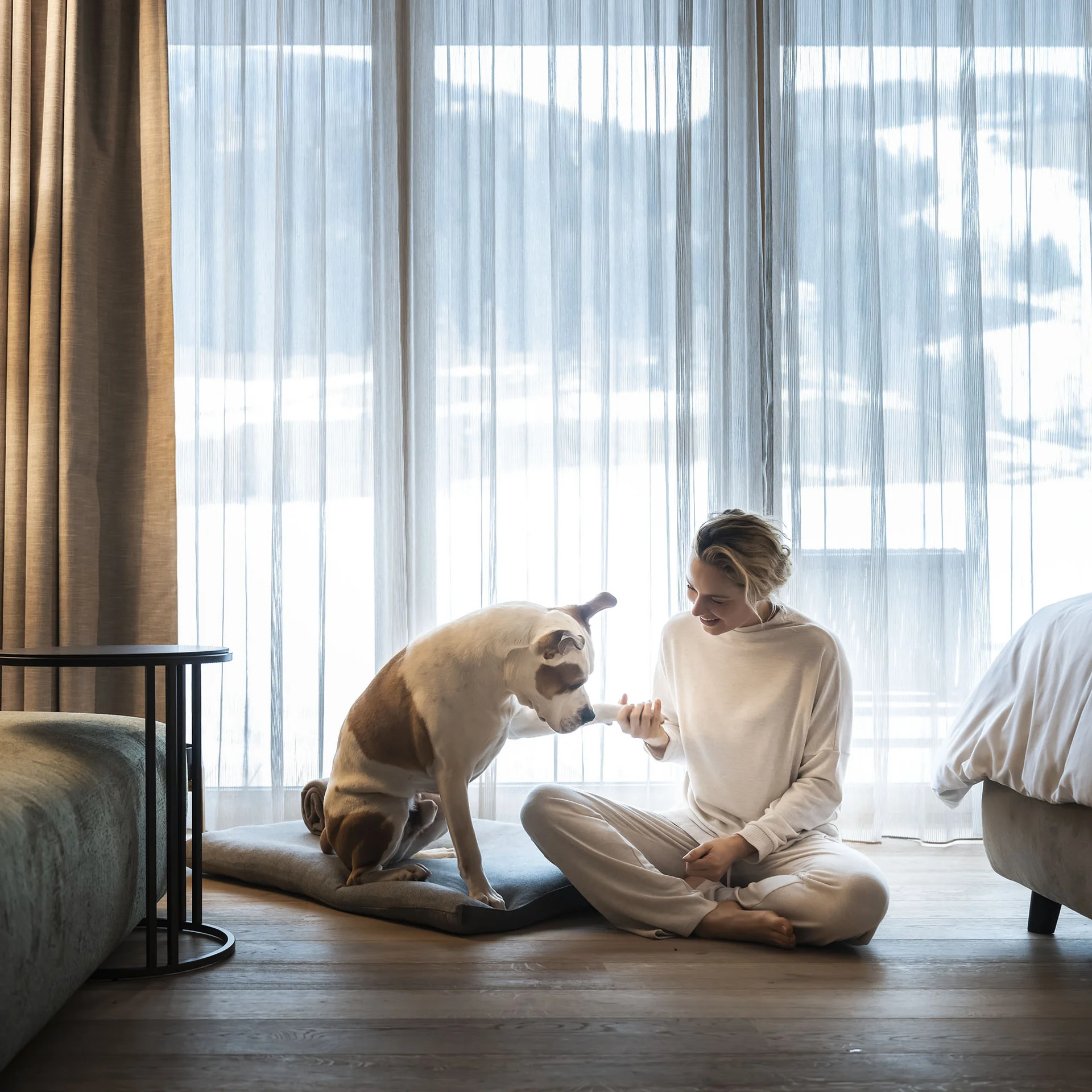 Hotel Monika: eine neue Dimension von Luxus Frau gibt Hund Pfote sitzend auf Boden vor Fenster mit Vorhängen