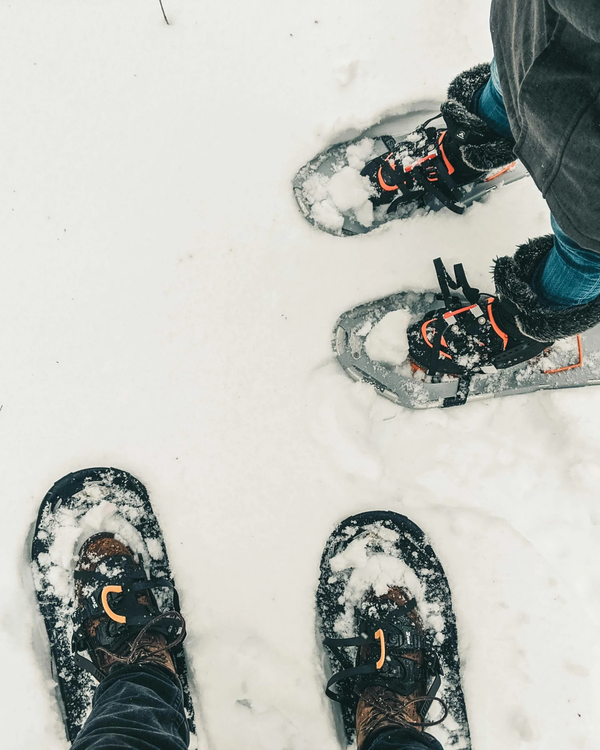 Enriching winter holidays – at our ski hotel in the Dolomites Two people wearing snowshoes standing on snow