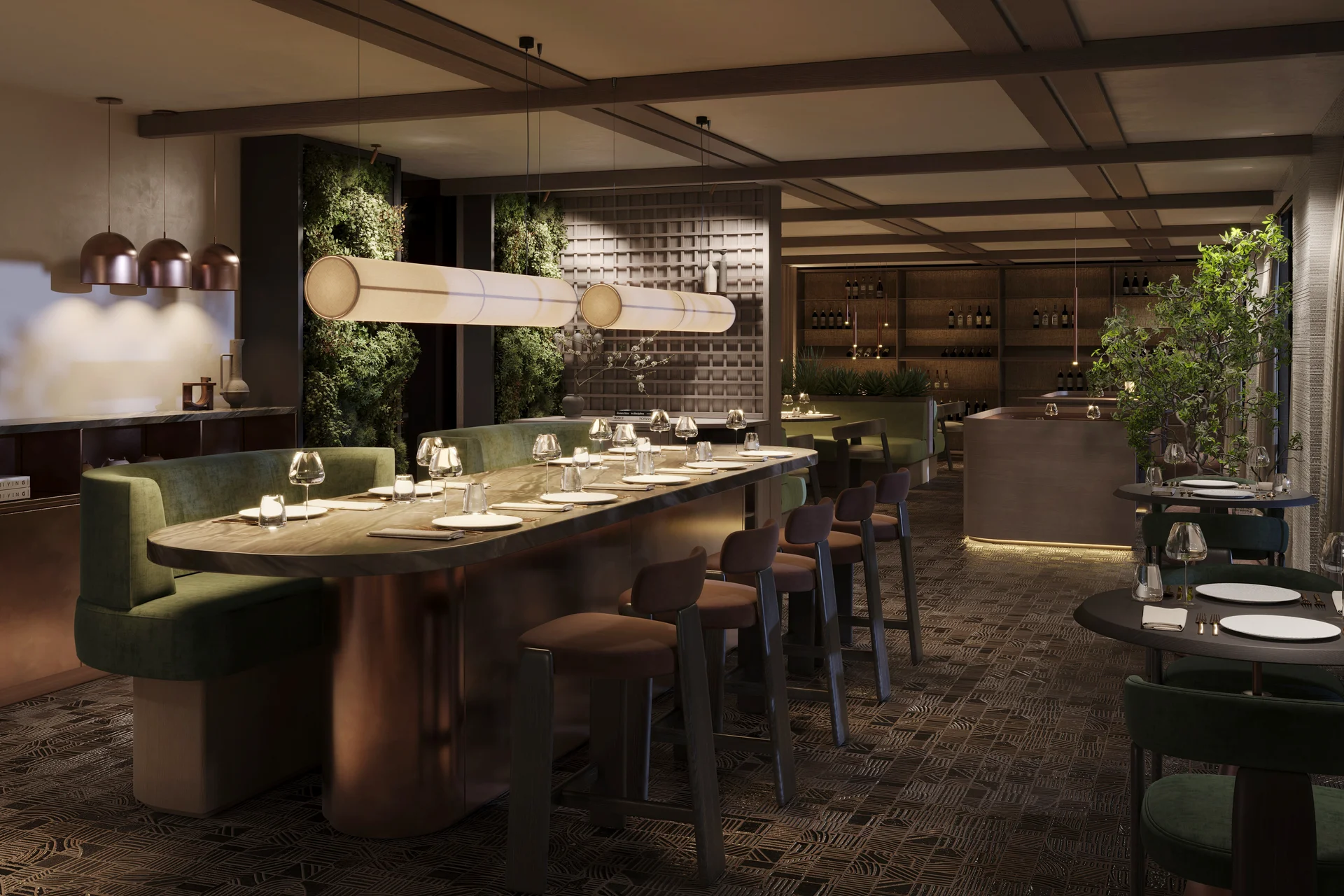 Hotel Monika in Sexten: Wohlbefinden inmitten der Dolomiten Moderner, stilvoll eingerichteter Speiseraum mit grünem Mobiliar und gedämpfter Beleuchtung