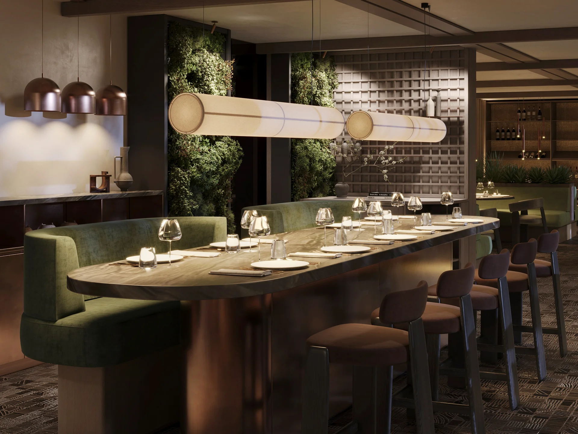 CANA à la carte restaurant in Sexten Modern stylish dining area with green seating and soft ambient lighting