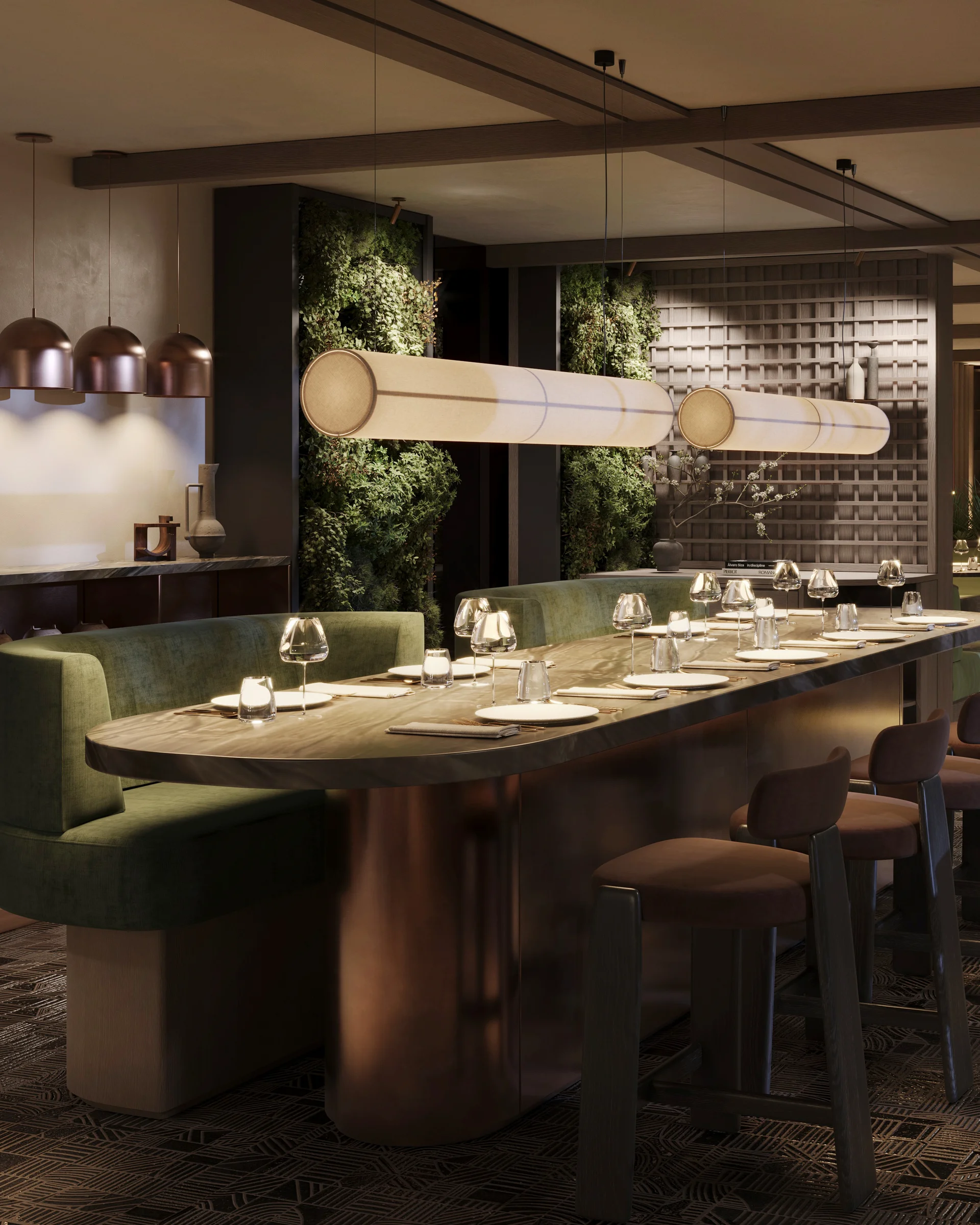 A new dimension of taste: your gourmet hotel in South Tyrol. Modern stylish dining area with green seating and soft ambient lighting