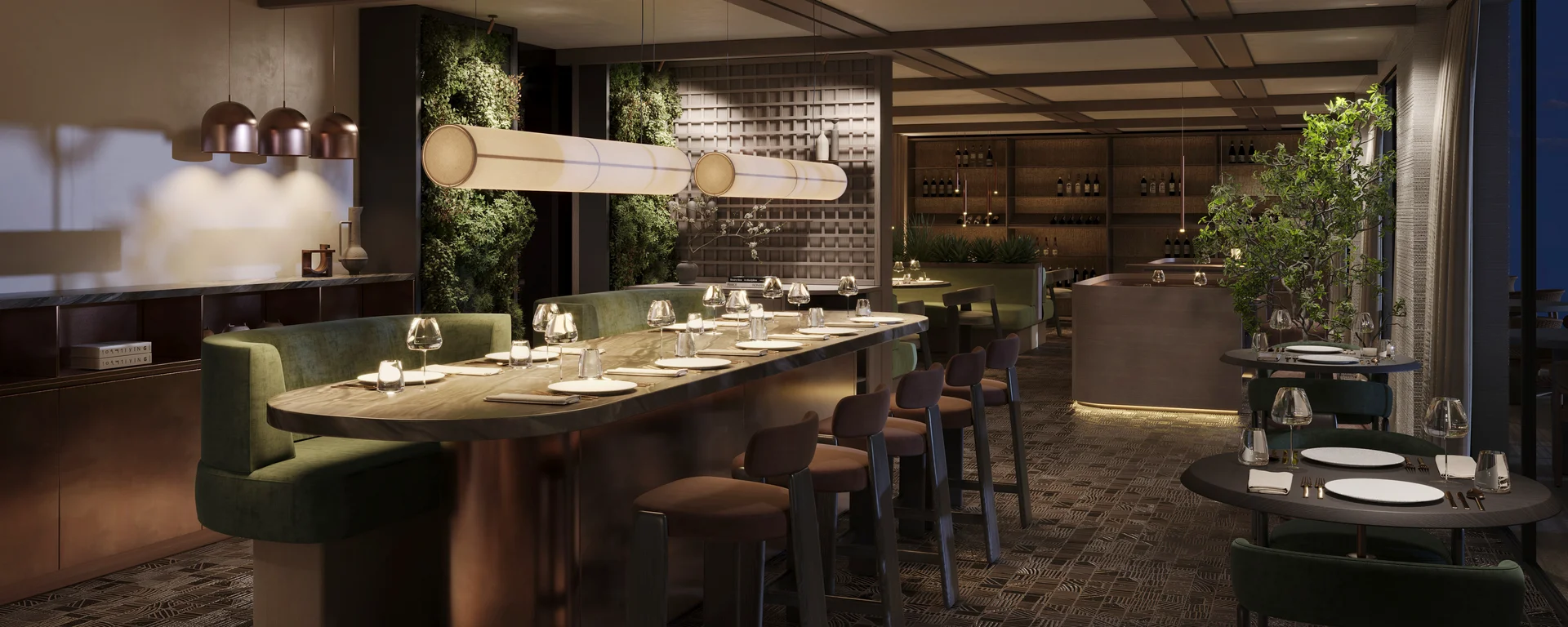 The taste of nature at your hotel with half board in South Tyrol. Modern stylish dining area with green seating and soft ambient lighting