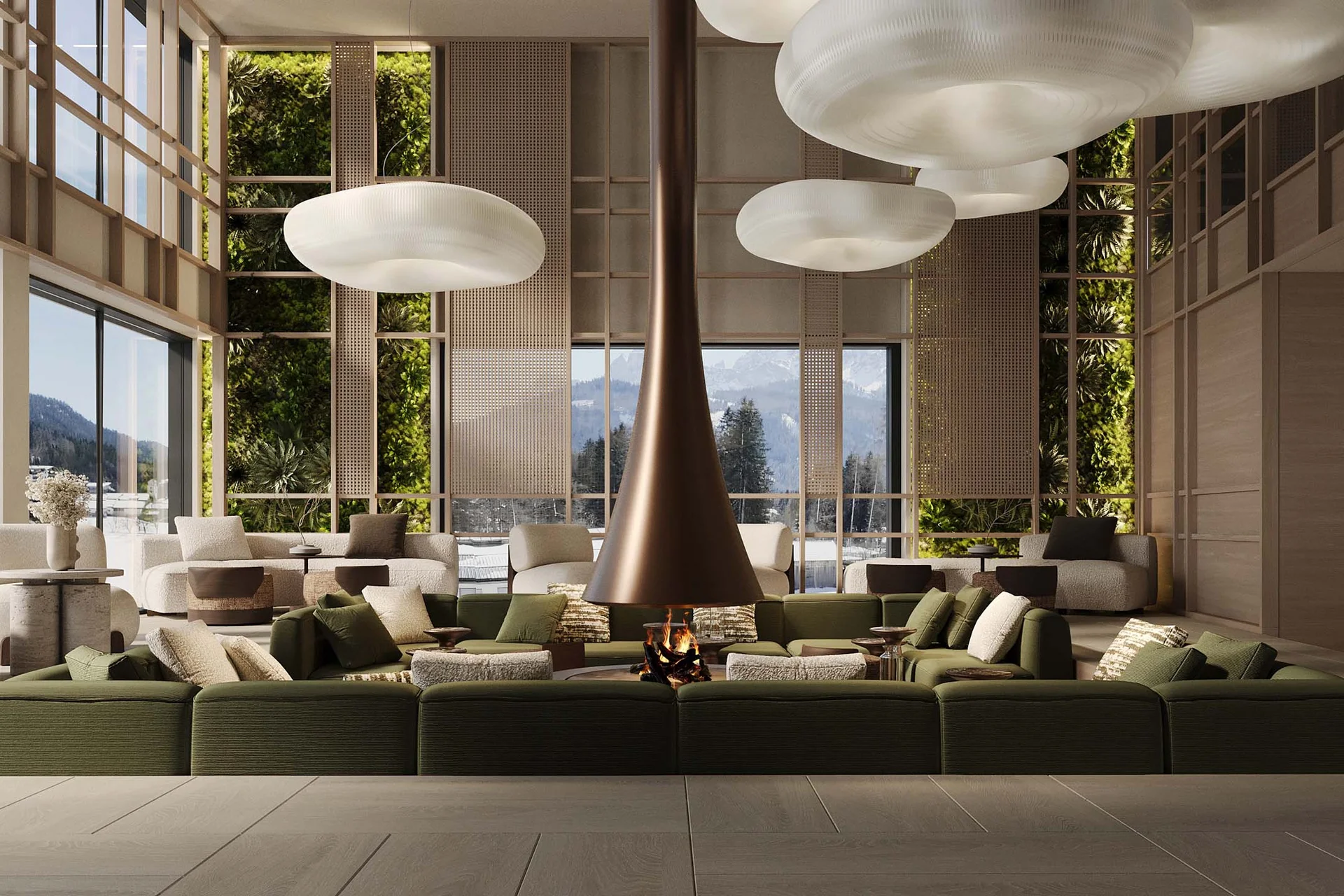 Hotel Monika in Sexten: Wohlbefinden inmitten der Dolomiten Moderner Hotel-Loungebereich mit zentralem Kamin und großen Fenstern mit Bergblick