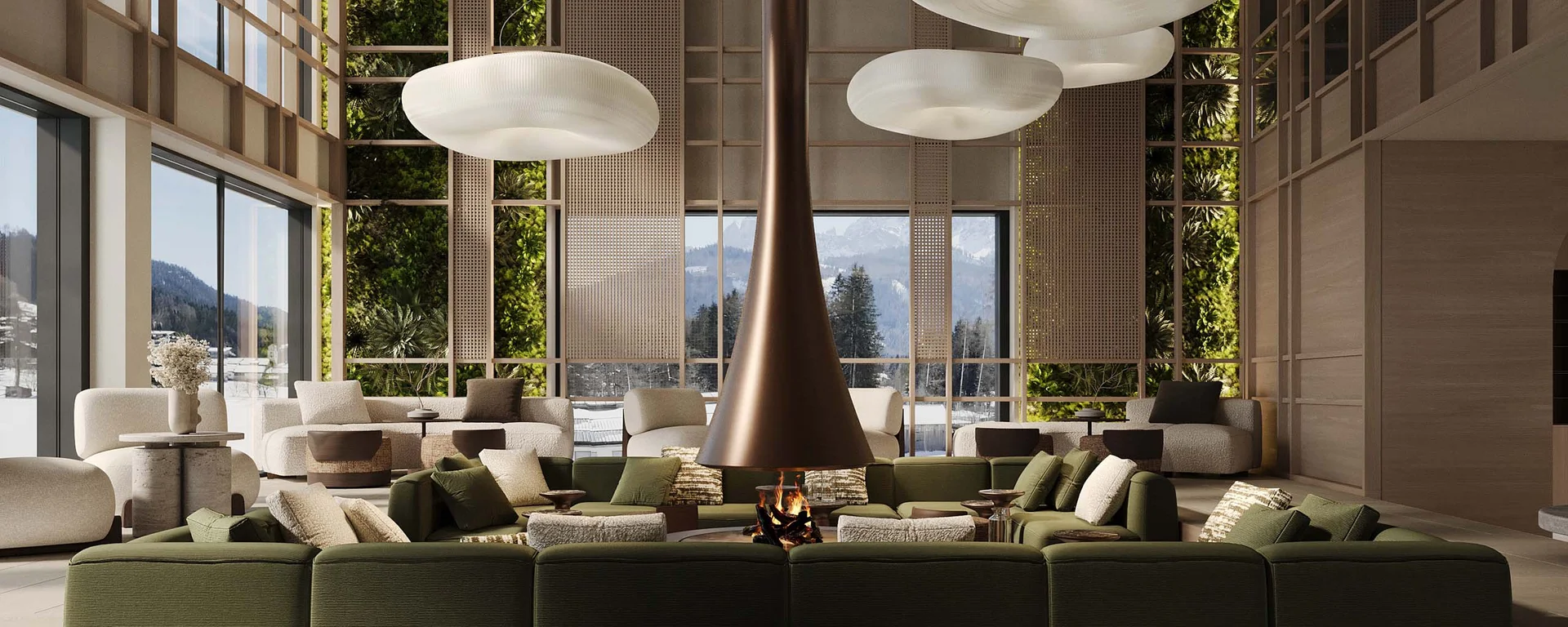 Hotel Monika in Sexten: Wohlbefinden inmitten der Dolomiten Moderner Hotel-Loungebereich mit zentralem Kamin und großen Fenstern mit Bergblick