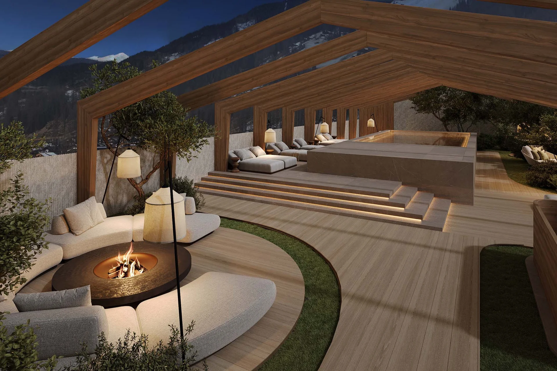 Hotel Monika in Sexten: Wohlbefinden inmitten der Dolomiten Moderner Außenbereich mit Feuerstelle, Liegen und Holzstruktur bei Nacht