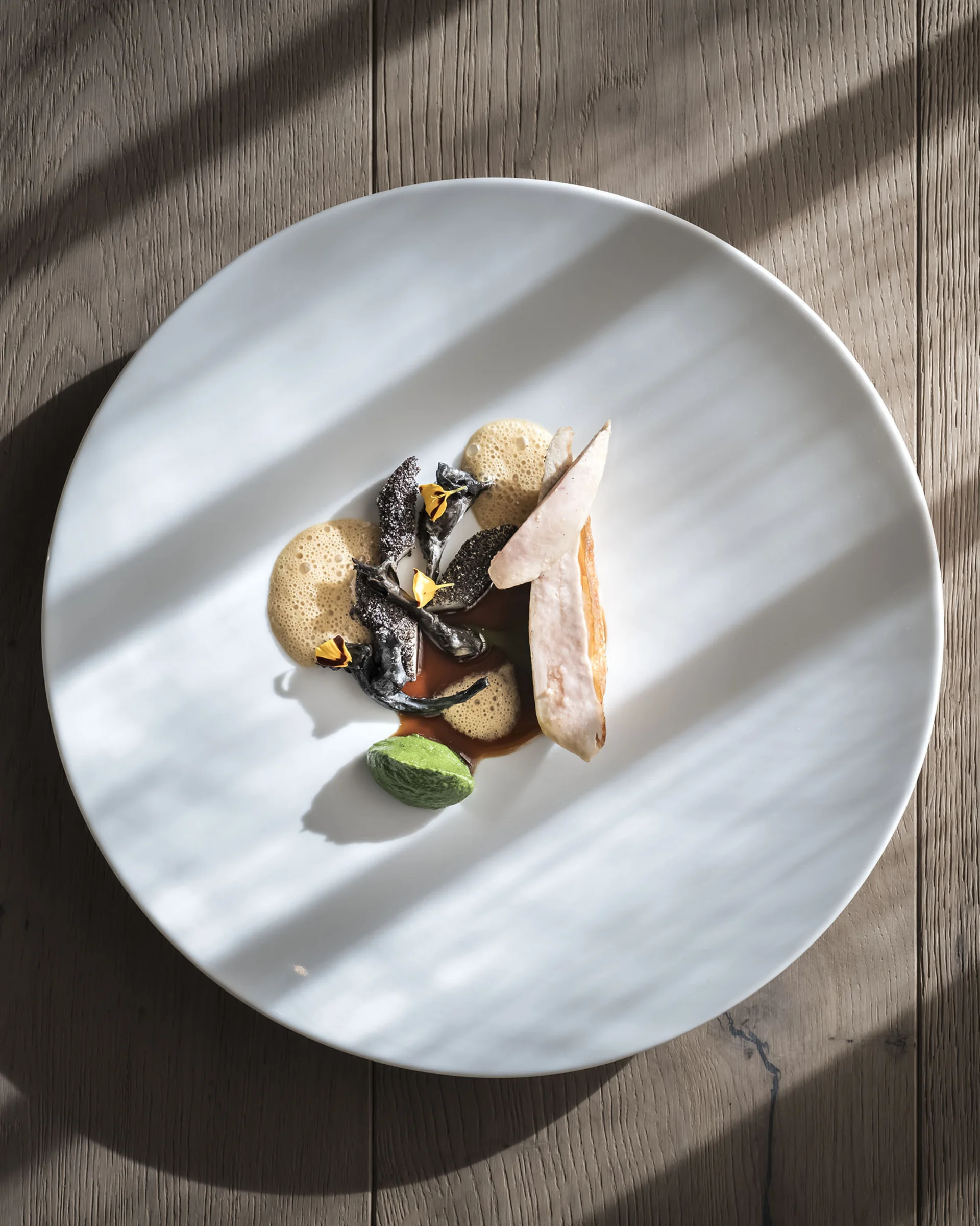 Hotel Monika in Sexten: Wohlbefinden inmitten der Dolomiten Künstlerisch angerichtetes Gericht mit Pilzen und grünem Püree auf weißem Teller