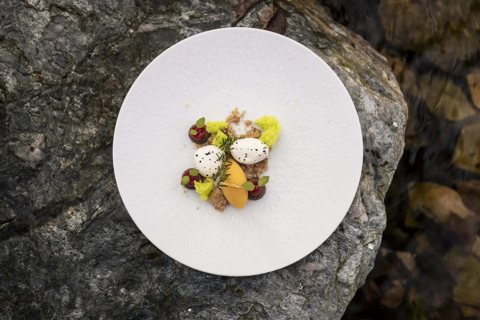 Hotel Monika in Sexten: Wohlbefinden inmitten der Dolomiten Gourmetdessert mit Eis, Beeren und Kräutern auf weißem Teller auf Steinuntergrund